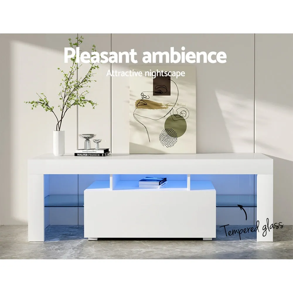 Artiss 130cm RGB LED TV Stand Cabinet Entertainment Unit Gloss Furniture Drawer Tempered Glass Shelf White