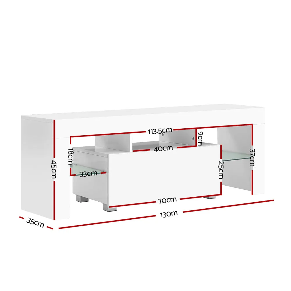 Artiss 130cm RGB LED TV Stand Cabinet Entertainment Unit Gloss Furniture Drawer Tempered Glass Shelf White