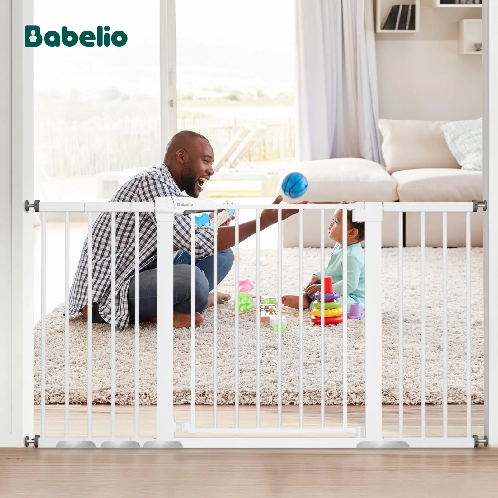 BABELIO 29-55 Inch Extra Wide Baby Gate, Metal Auto Close Dog Gate, Pressure Mounted Pet Gate for Doorways, NO Tools Needed NO Drilling, with Wall Cups, White