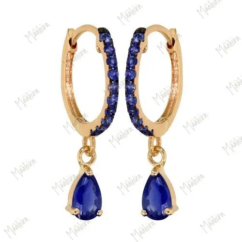 Blue Sapphire Pear Earring Black Rhodium Prong