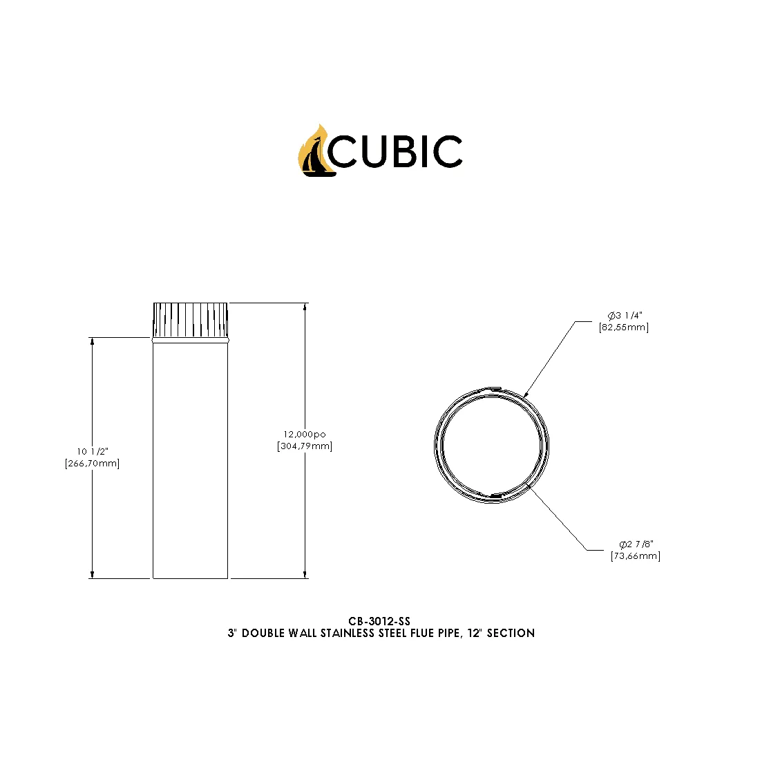 CB-3012-SS 3" Stainless Steel Double Wall Flue Pipe, 12" Long