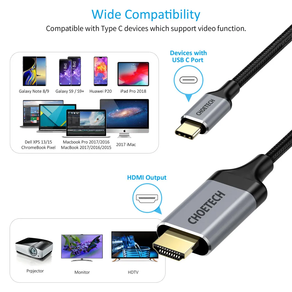 CH0021-BK Choetech USB-C to HDMI Cable (4K@60Hz) 6.5ft (2m)