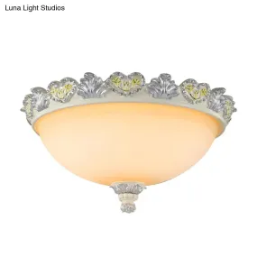 Classic Flush Mount Fixture: 3-Bulb 15"/19" Wide Frosted Glass Ceiling Light with Blossom Edge - Silver