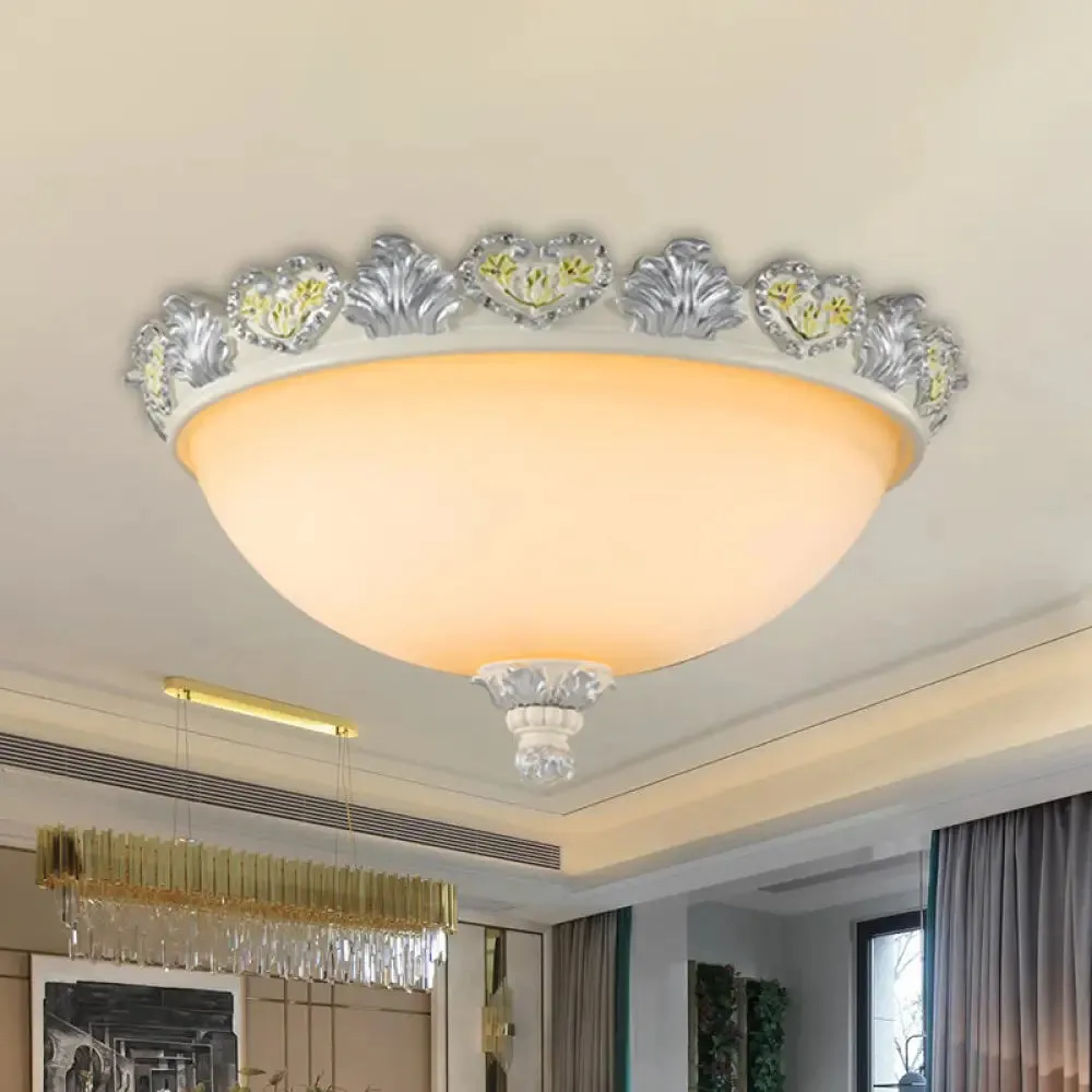 Classic Flush Mount Fixture: 3-Bulb 15"/19" Wide Frosted Glass Ceiling Light with Blossom Edge - Silver