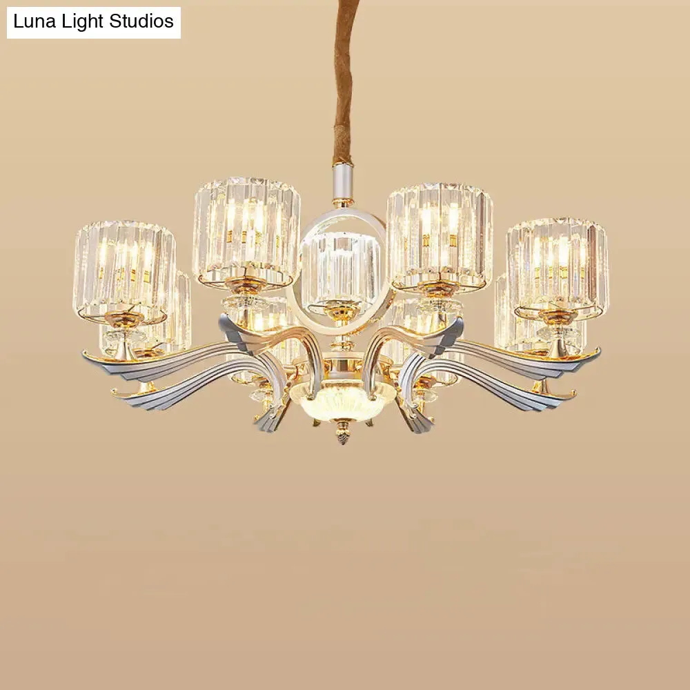 Contemporary Crystal Block Cylinder Suspension Light Chandelier - Silver, 6/8-Head - Ideal for Dining Rooms