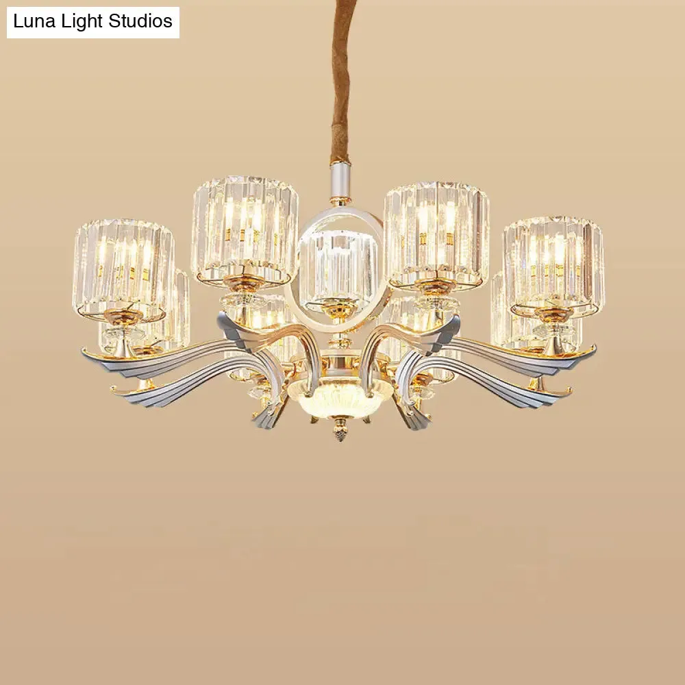 Contemporary Crystal Block Cylinder Suspension Light Chandelier - Silver, 6/8-Head - Ideal for Dining Rooms