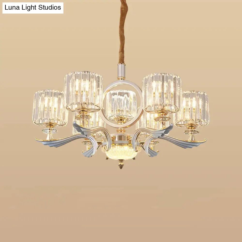 Contemporary Crystal Block Cylinder Suspension Light Chandelier - Silver, 6/8-Head - Ideal for Dining Rooms