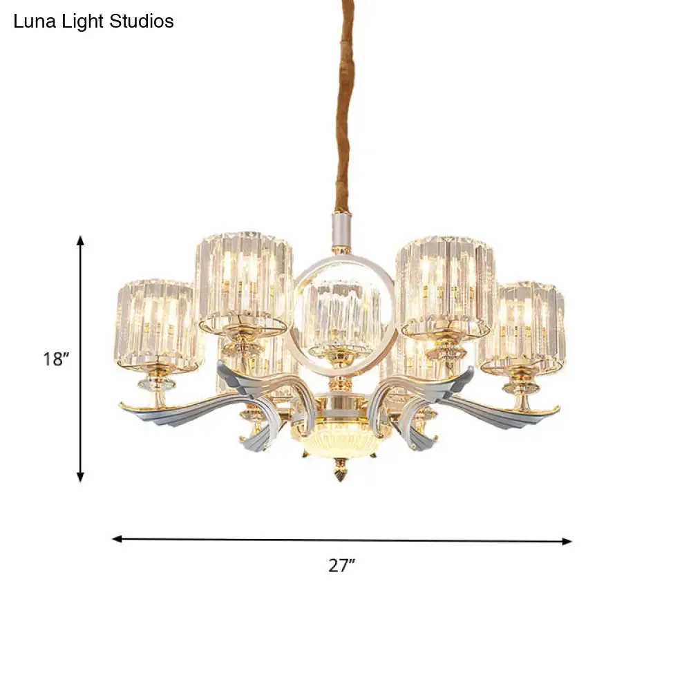 Contemporary Crystal Block Cylinder Suspension Light Chandelier - Silver, 6/8-Head - Ideal for Dining Rooms