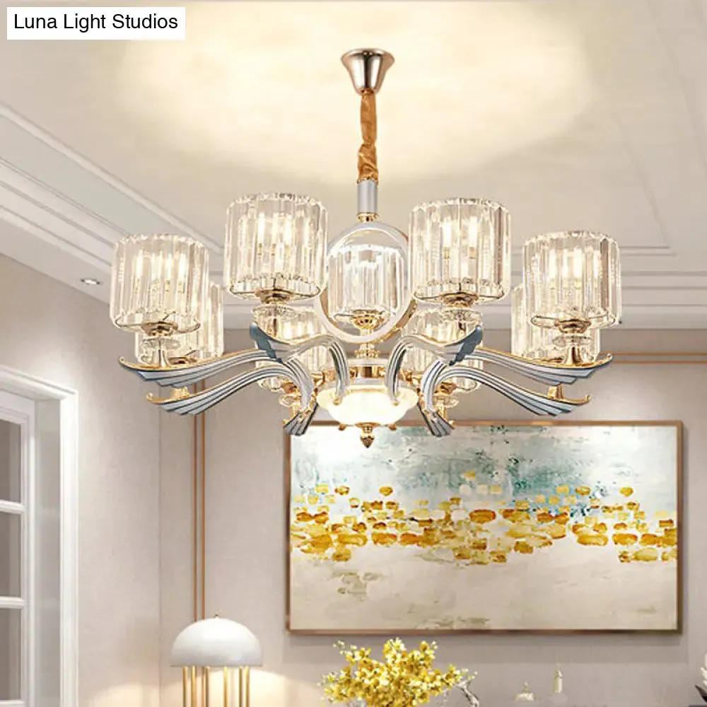 Contemporary Crystal Block Cylinder Suspension Light Chandelier - Silver, 6/8-Head - Ideal for Dining Rooms