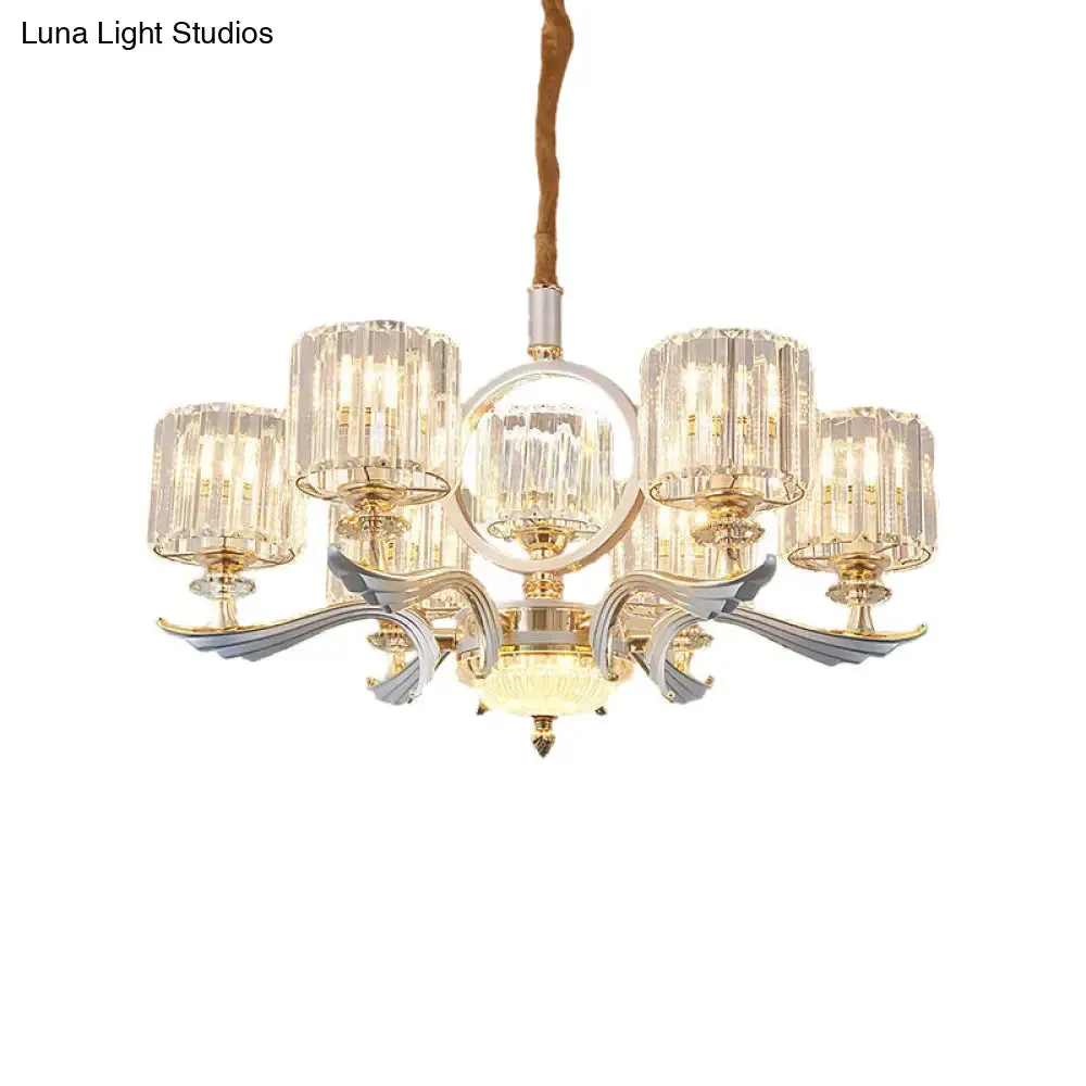 Contemporary Crystal Block Cylinder Suspension Light Chandelier - Silver, 6/8-Head - Ideal for Dining Rooms