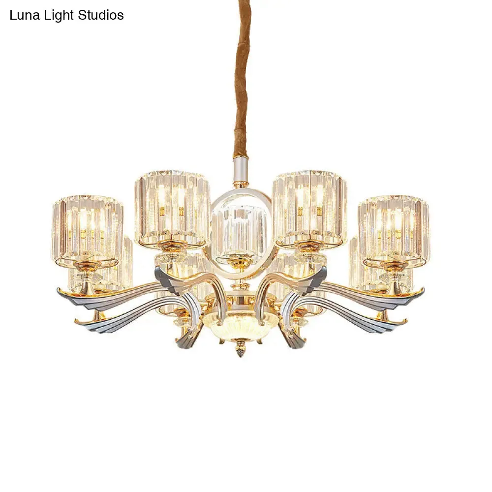 Contemporary Crystal Block Cylinder Suspension Light Chandelier - Silver, 6/8-Head - Ideal for Dining Rooms