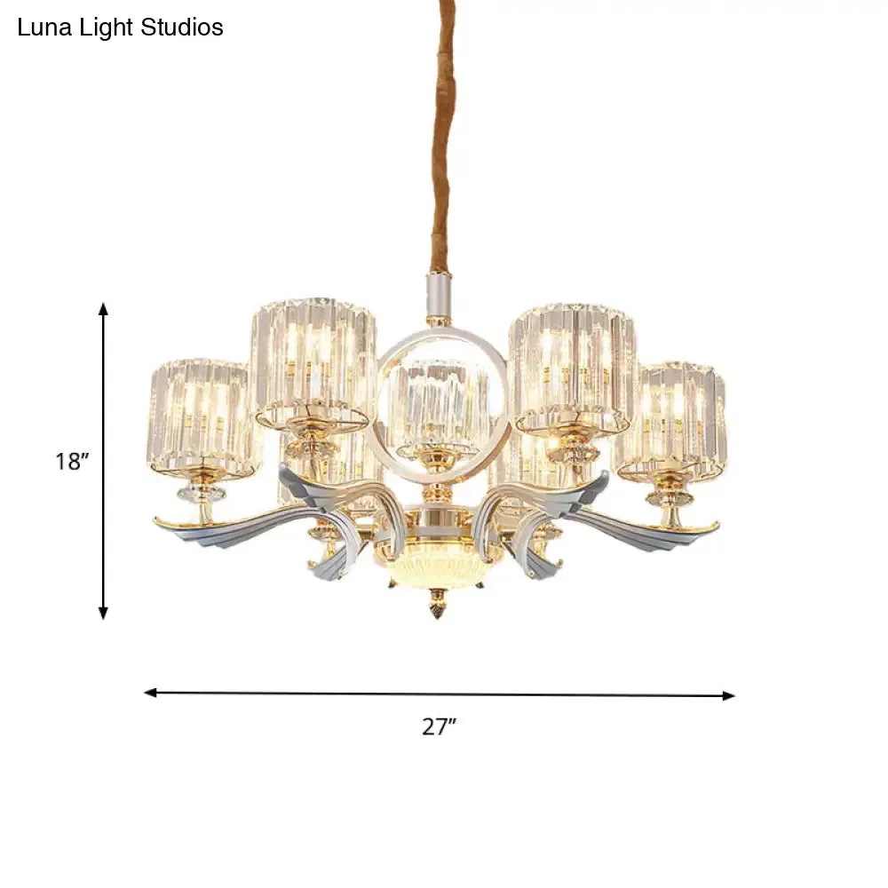 Contemporary Crystal Block Cylinder Suspension Light Chandelier - Silver, 6/8-Head - Ideal for Dining Rooms