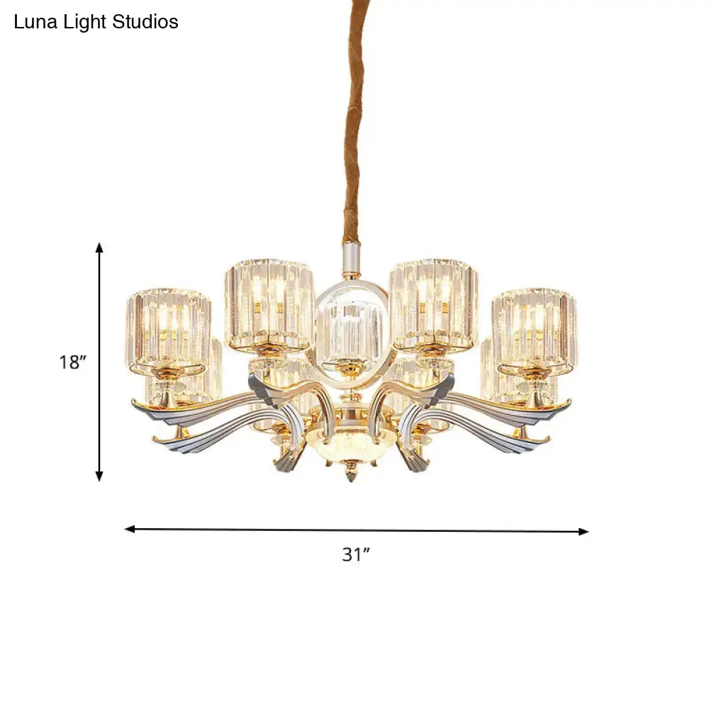 Contemporary Crystal Block Cylinder Suspension Light Chandelier - Silver, 6/8-Head - Ideal for Dining Rooms