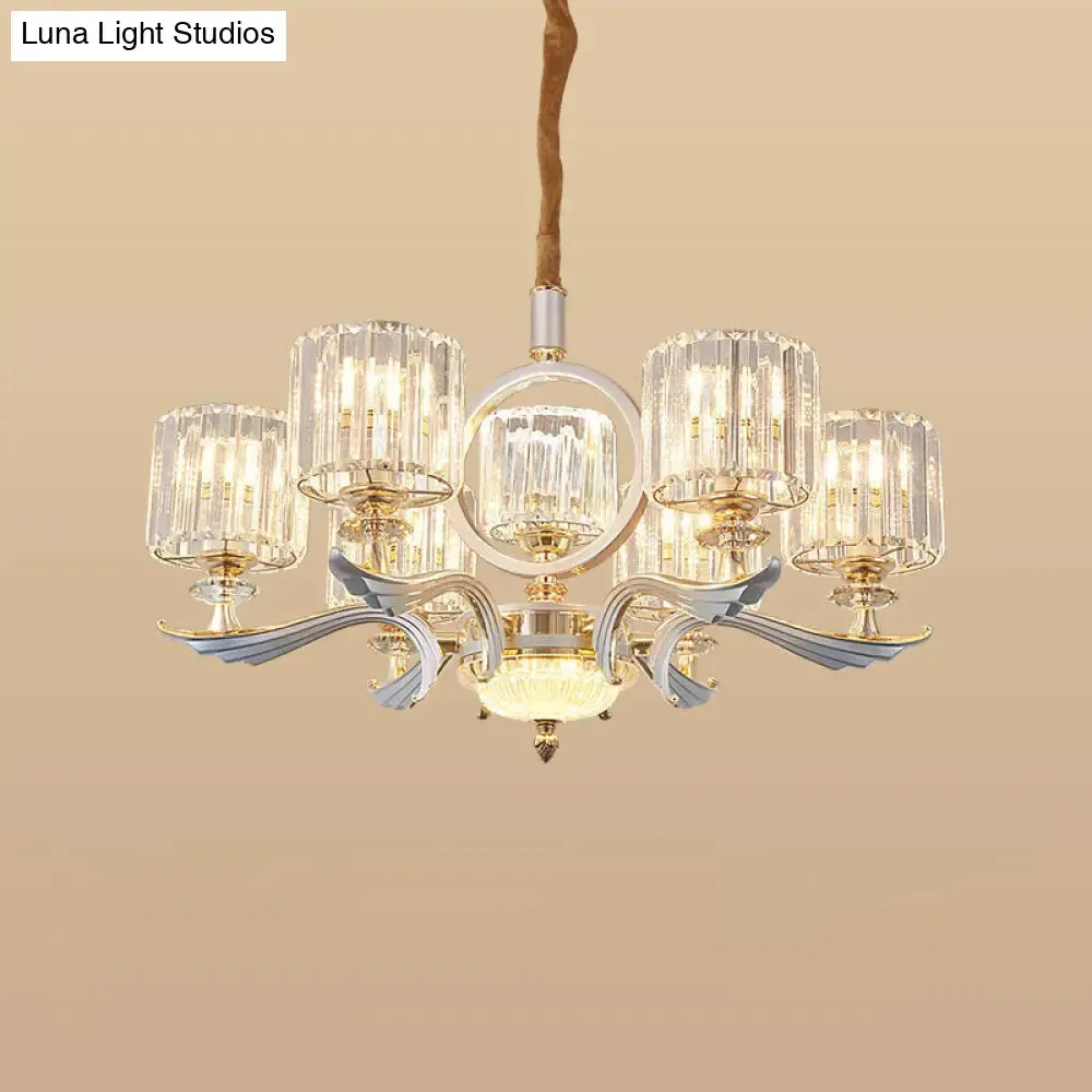 Contemporary Crystal Block Cylinder Suspension Light Chandelier - Silver, 6/8-Head - Ideal for Dining Rooms