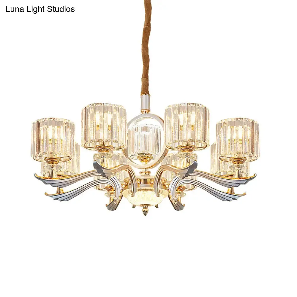 Contemporary Crystal Block Cylinder Suspension Light Chandelier - Silver, 6/8-Head - Ideal for Dining Rooms