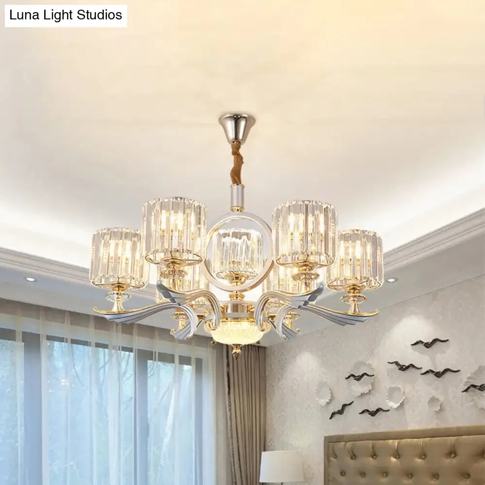 Contemporary Crystal Block Cylinder Suspension Light Chandelier - Silver, 6/8-Head - Ideal for Dining Rooms
