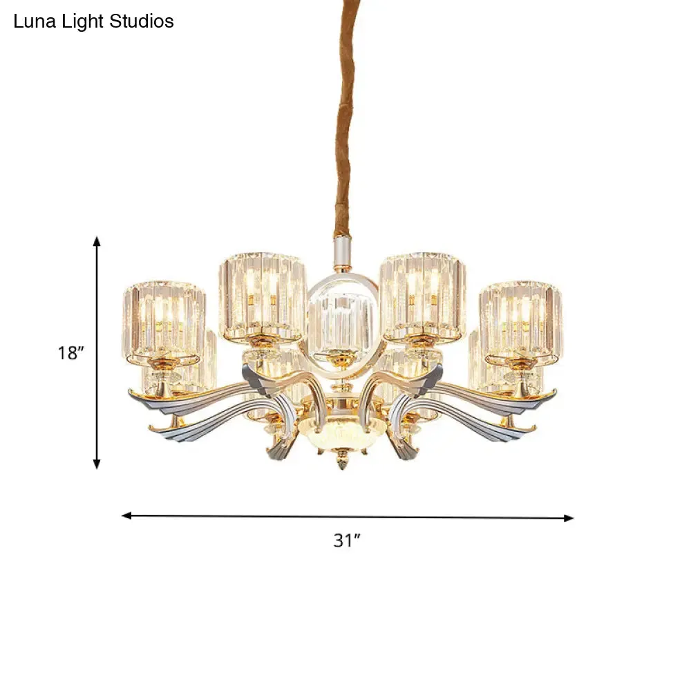Contemporary Crystal Block Cylinder Suspension Light Chandelier - Silver, 6/8-Head - Ideal for Dining Rooms