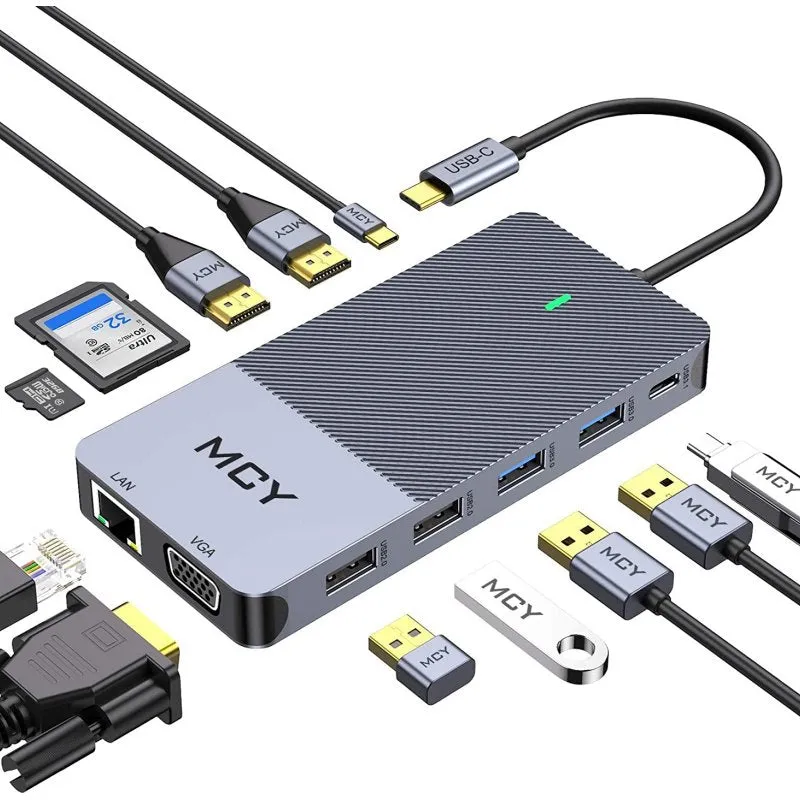 Docking Station, MCY 12 in 1 Triple Display Laptop USB C Docking Station Dual Monitor USB Type C Hub with Dual HDMI VGA Adapter,Compatible for MacBook and Windows