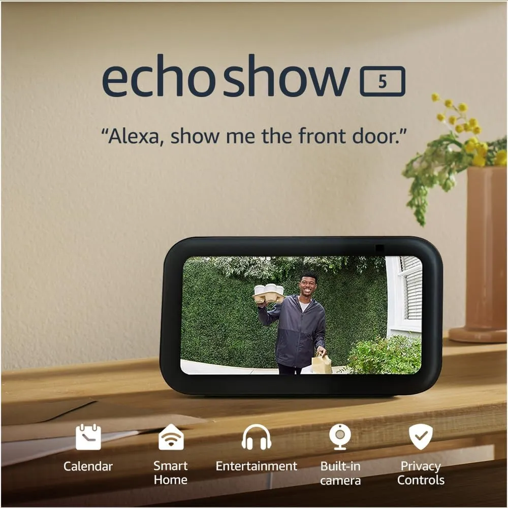 Echo Show 5 (3rd Gen, 2024) - Smart Display & Alarm Clock with Enhanced Sound, Charcoal