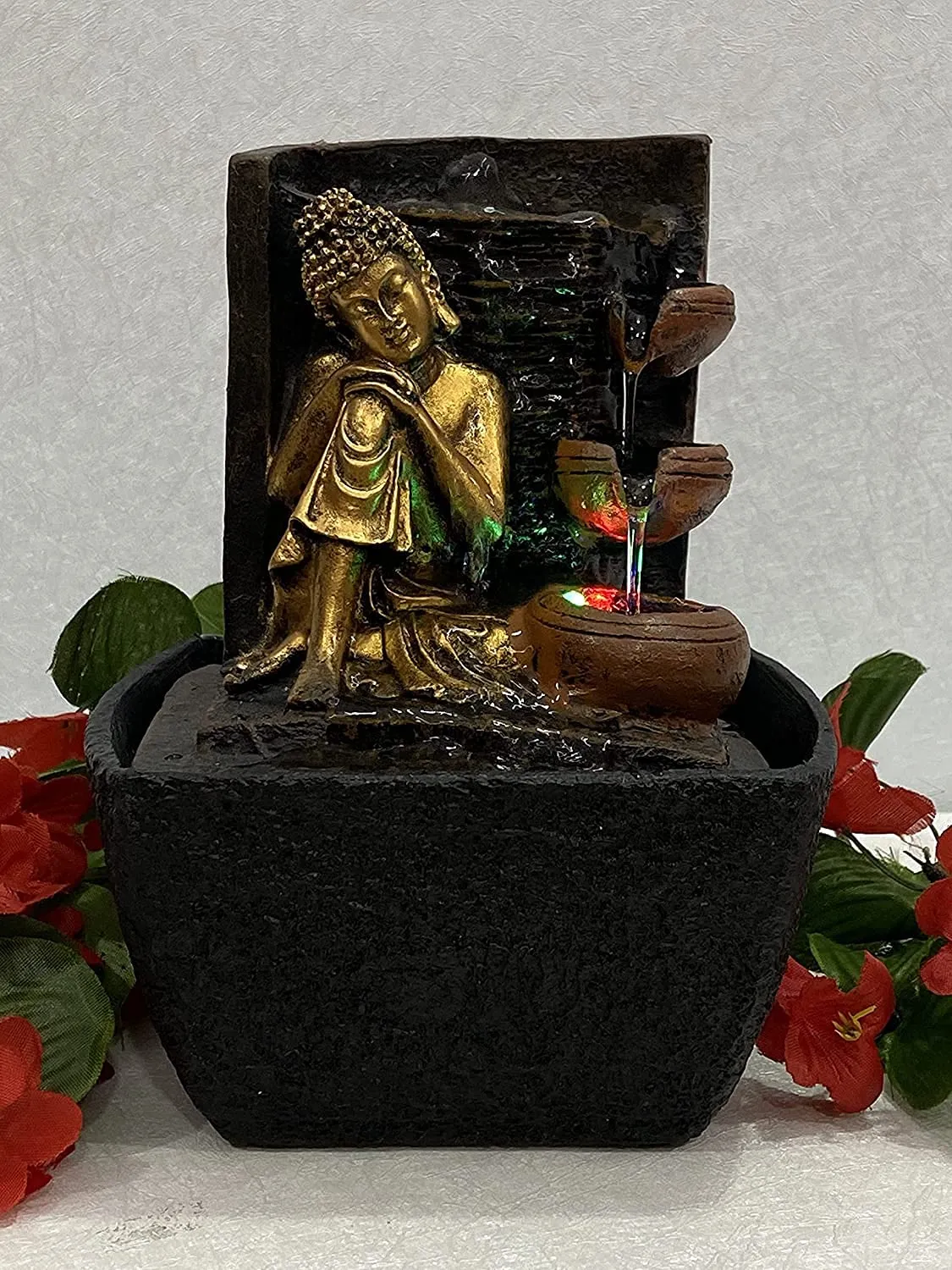 Global Grabbers Polyresin Table Top Indoor Outdoor Water Fall Fountain with LED Lights Home Decor Decoration Gift Gifting Items-GOL_BRO-SF23-(000)