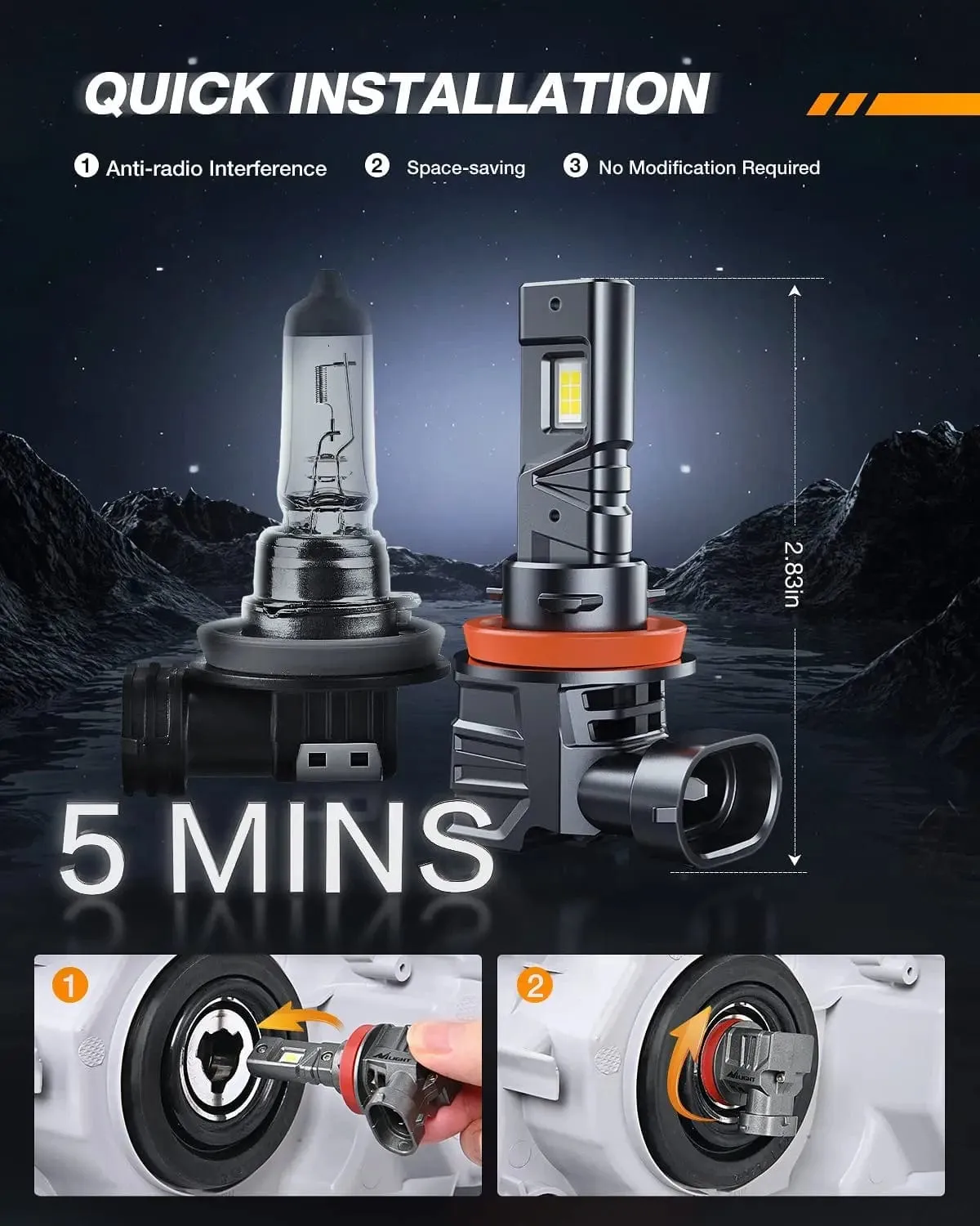 H11/H9/H8 LED Headlight Bulbs ES1 Series 80W 16000LM 6000K IP67 | 2 BULBS