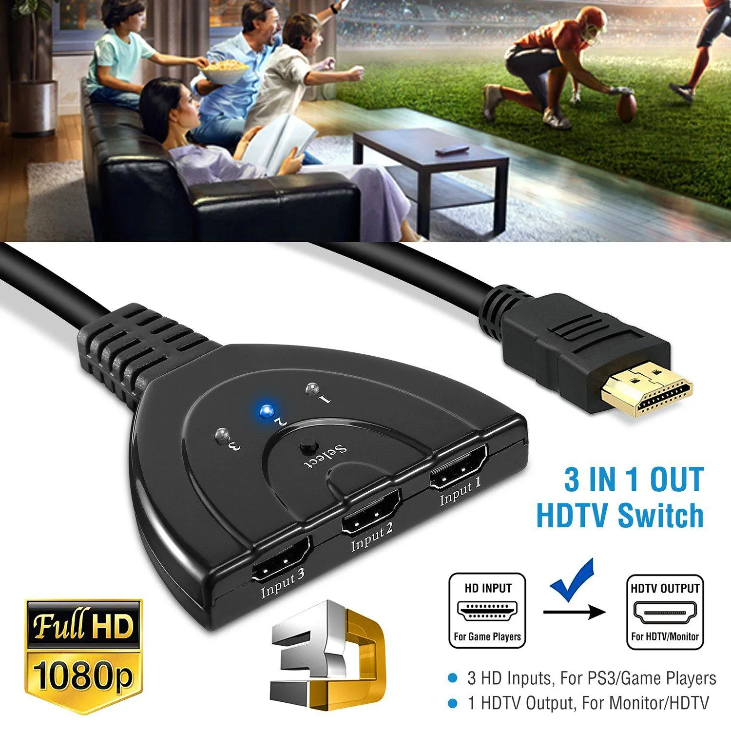 HDMI 1080P 3-in-1 Output HDTV Switch Splitter