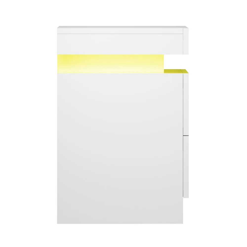 High Gloss Bedside Table Drawers RGB LED Nightstand White