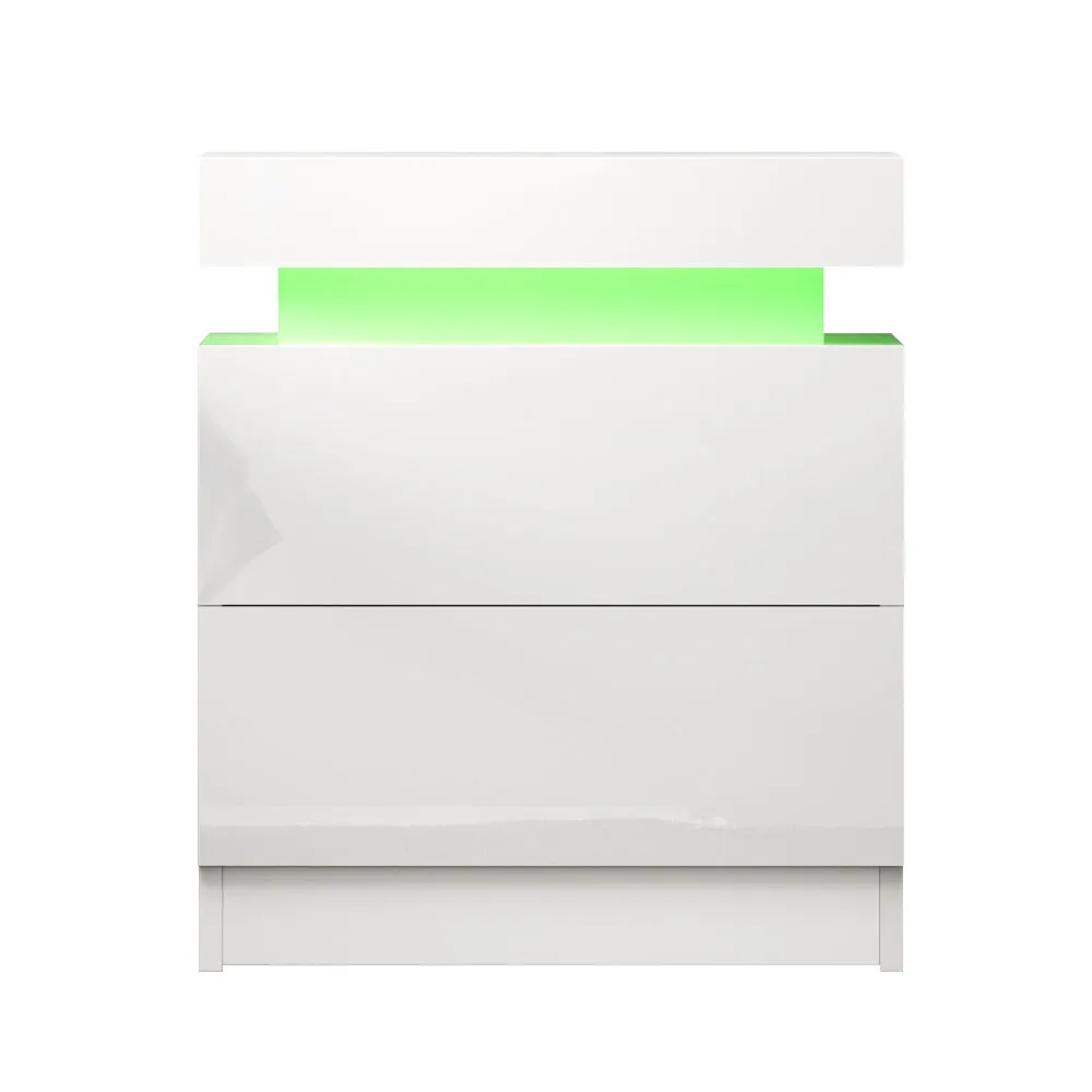 High Gloss Bedside Table Drawers RGB LED Nightstand White