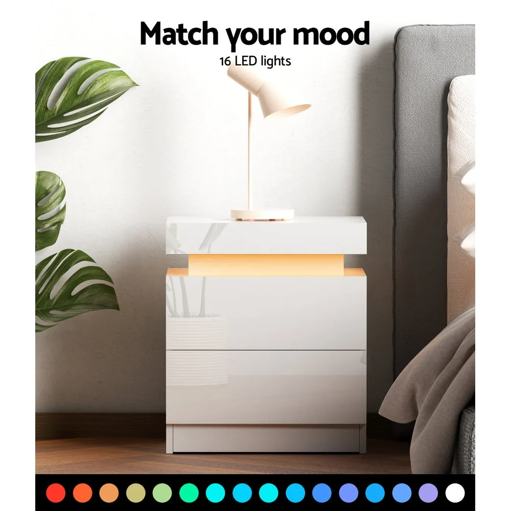 High Gloss Bedside Table Drawers RGB LED Nightstand White