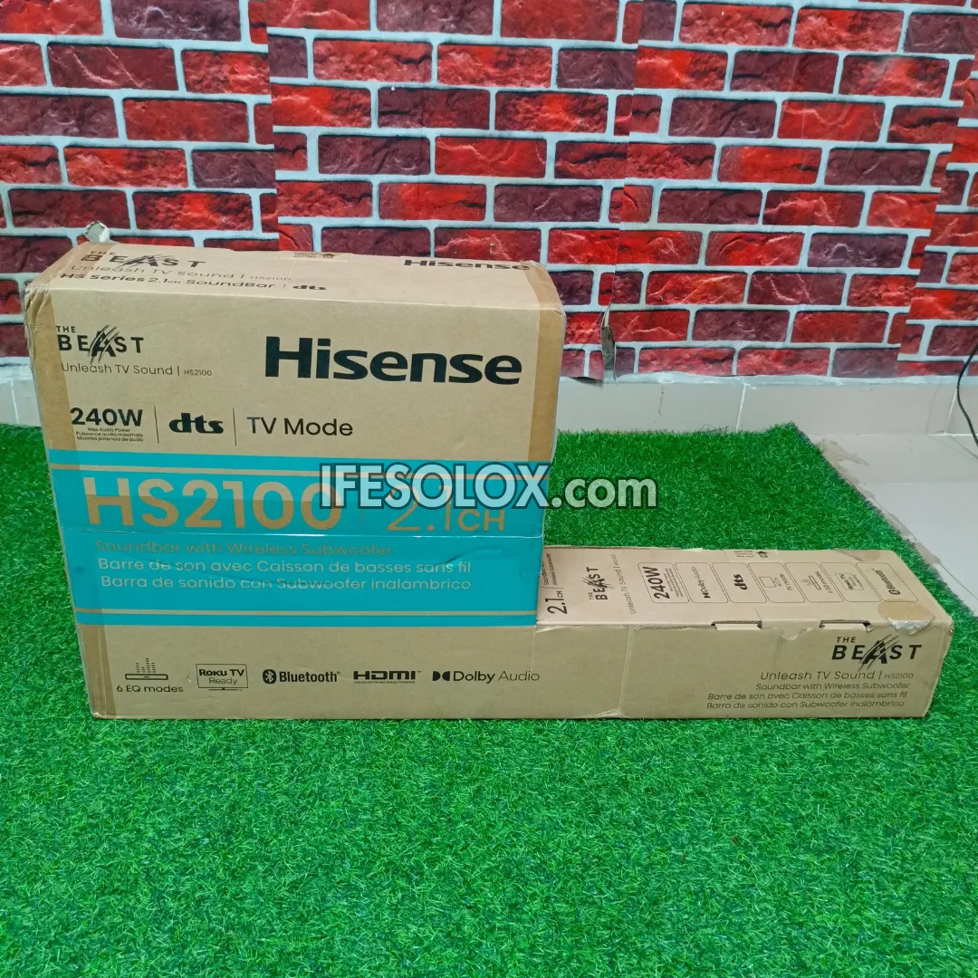 Hisense HS2100 2.1Ch 240W Bluetooth Sound Bar with Wireless Subwoofer   Dolby Atmos - Brand New