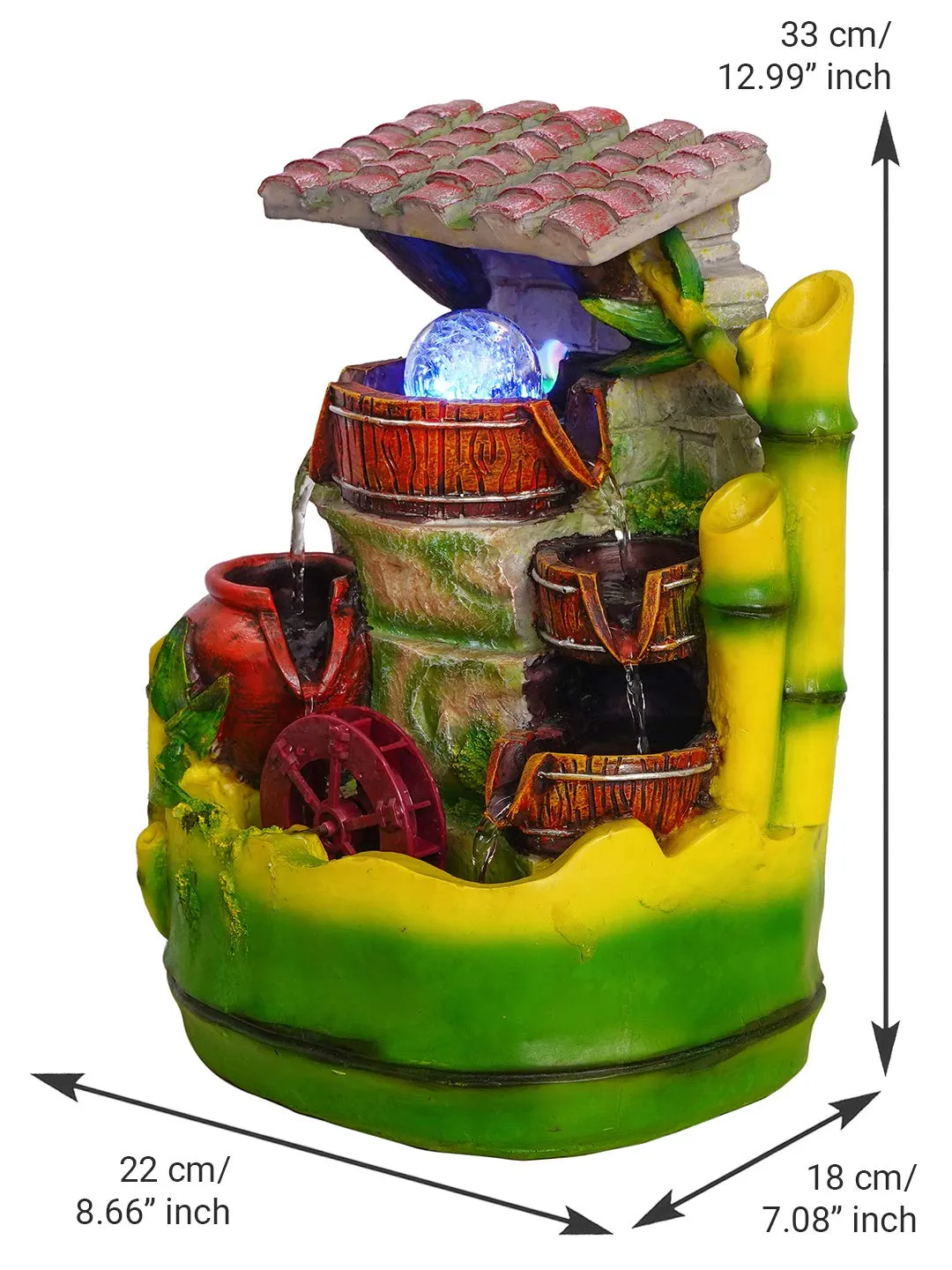 INDIANA CRAFT Polyresin Adorable Table Top Indoor 3 Designer Steps Waterfall Fountain for Home Decor with LED, Speed Controller Pump & Crystal Ball (Size: 33 x 23.5 x 19.5CM | Colour: Multi)
