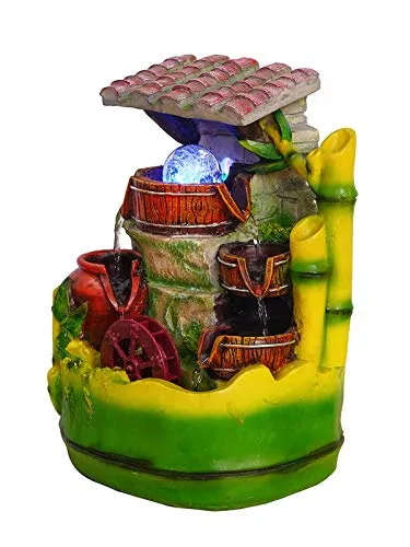 INDIANA CRAFT Polyresin Adorable Table Top Indoor 3 Designer Steps Waterfall Fountain for Home Decor with LED, Speed Controller Pump & Crystal Ball (Size: 33 x 23.5 x 19.5CM | Colour: Multi)