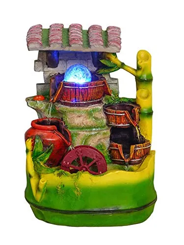 INDIANA CRAFT Polyresin Adorable Table Top Indoor 3 Designer Steps Waterfall Fountain for Home Decor with LED, Speed Controller Pump & Crystal Ball (Size: 33 x 23.5 x 19.5CM | Colour: Multi)