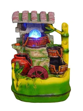 INDIANA CRAFT Polyresin Adorable Table Top Indoor 3 Designer Steps Waterfall Fountain for Home Decor with LED, Speed Controller Pump & Crystal Ball (Size: 33 x 23.5 x 19.5CM | Colour: Multi)