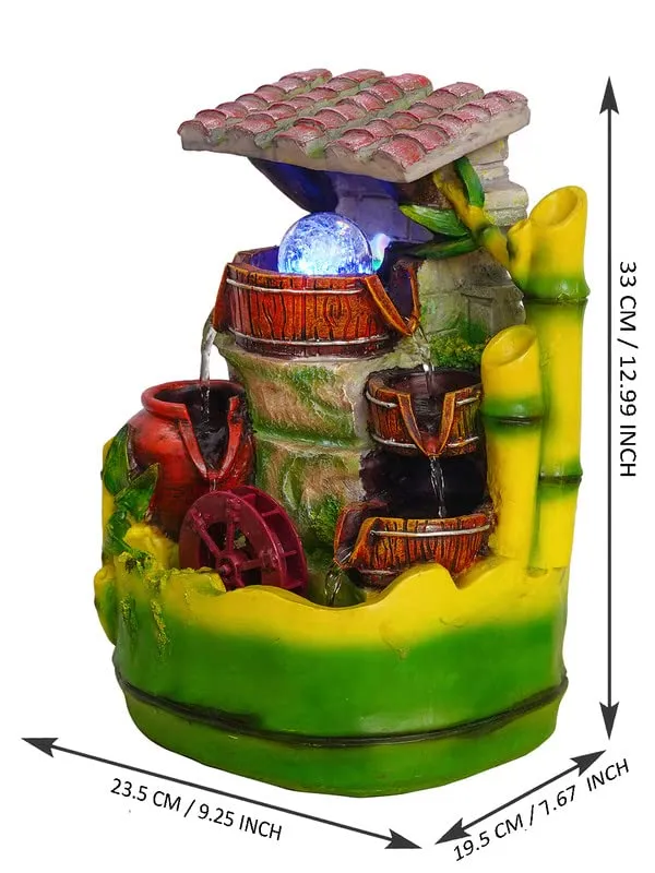 INDIANA CRAFT Polyresin Adorable Table Top Indoor 3 Designer Steps Waterfall Fountain for Home Decor with LED, Speed Controller Pump & Crystal Ball (Size: 33 x 23.5 x 19.5CM | Colour: Multi)