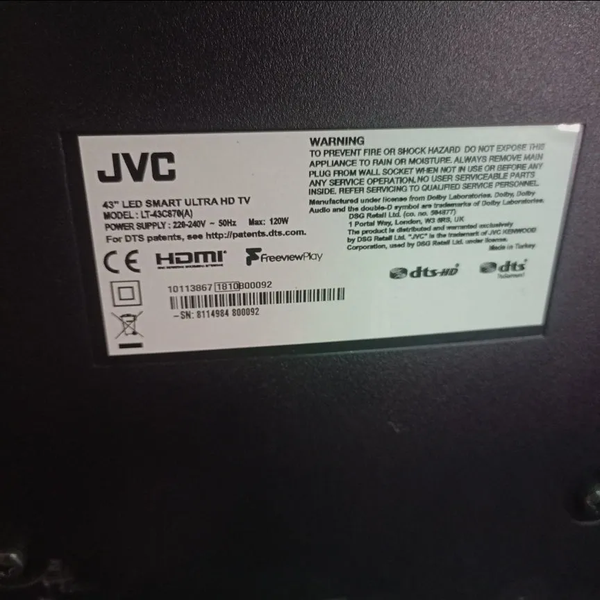 JVC 43 Inch LT-43C870 Smart 4K Ultra HD LED TV (Built-in WiFi) - London Used