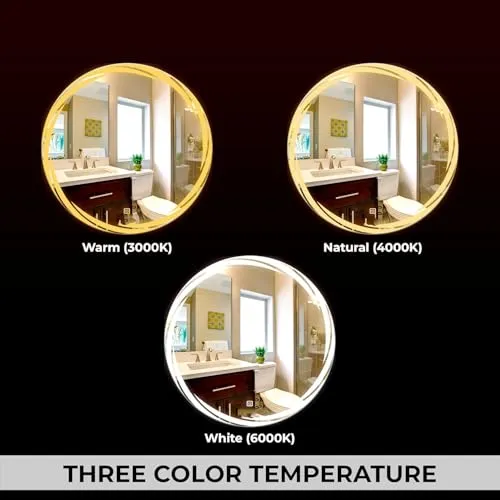 KAMAL INTERIORS Round Wall Mounting Led Mirror with Bathroom,Light Mirror for Wash Besin |Mirror with Light 3 Tone (Cool White, Natural White, Warm White).