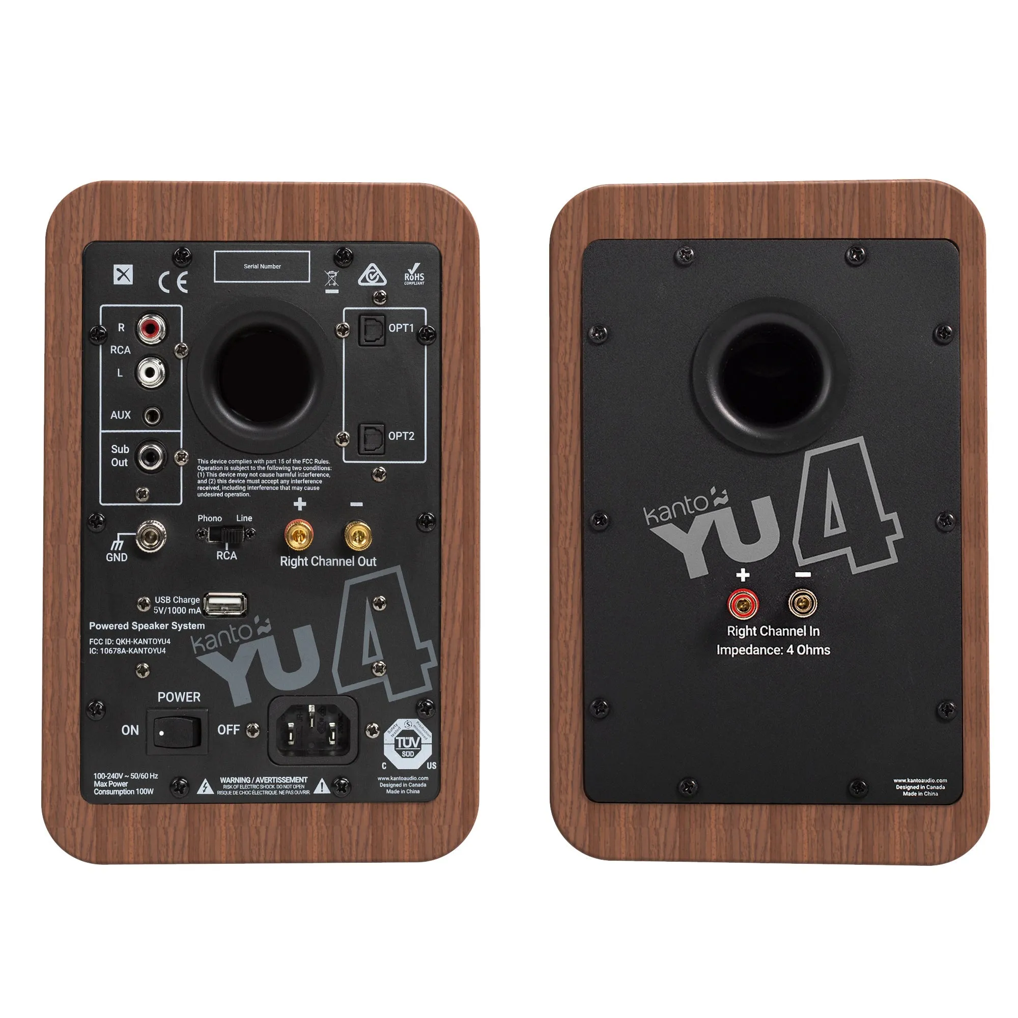 Kanto YU4 140W Powered Bookshelf Speakers with Bluetooth and Phono Preamp - Pair, Walnut with SE4 Black Stand Bundle