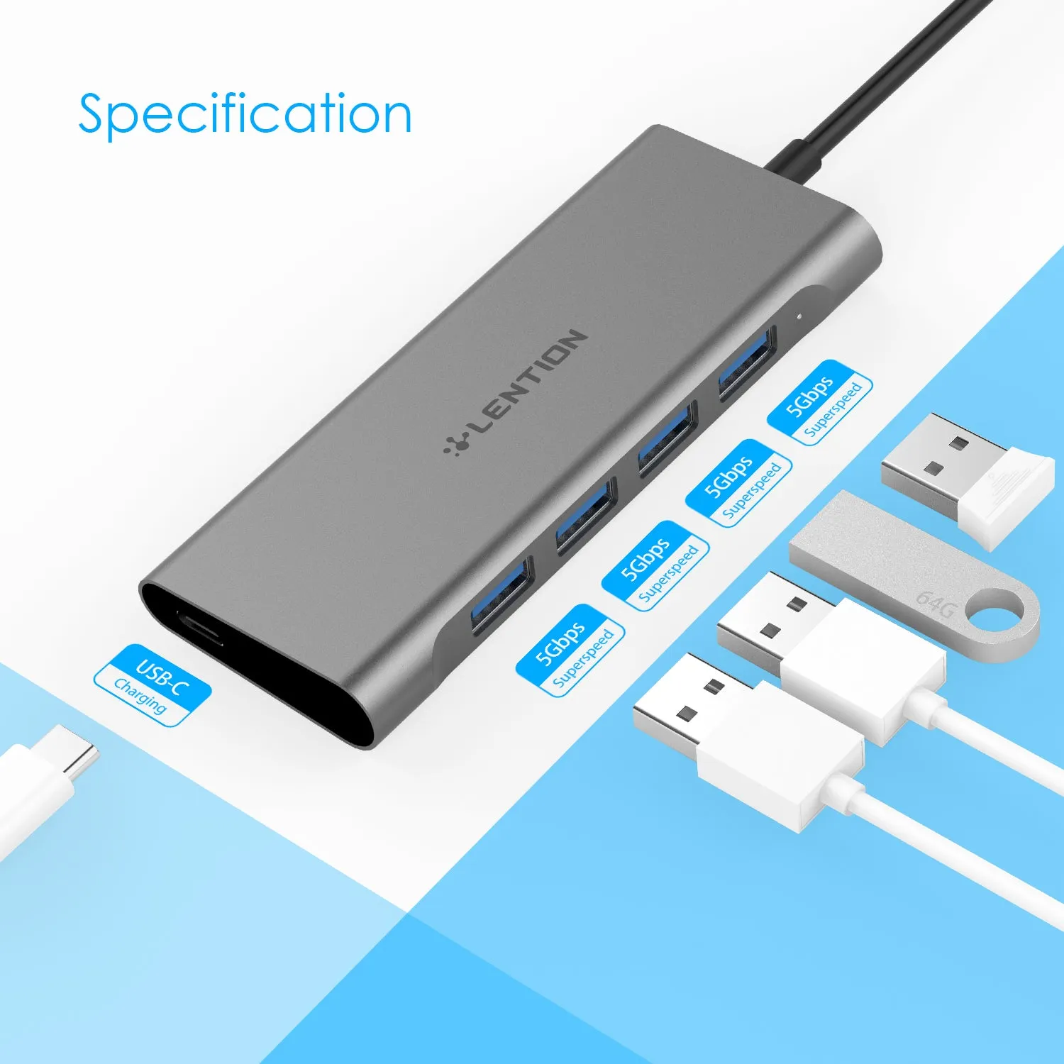 LENTION USB C Hub with 4 USB 3.0 Ports and Type C 60W PD Charging Adapter (CB-C31)