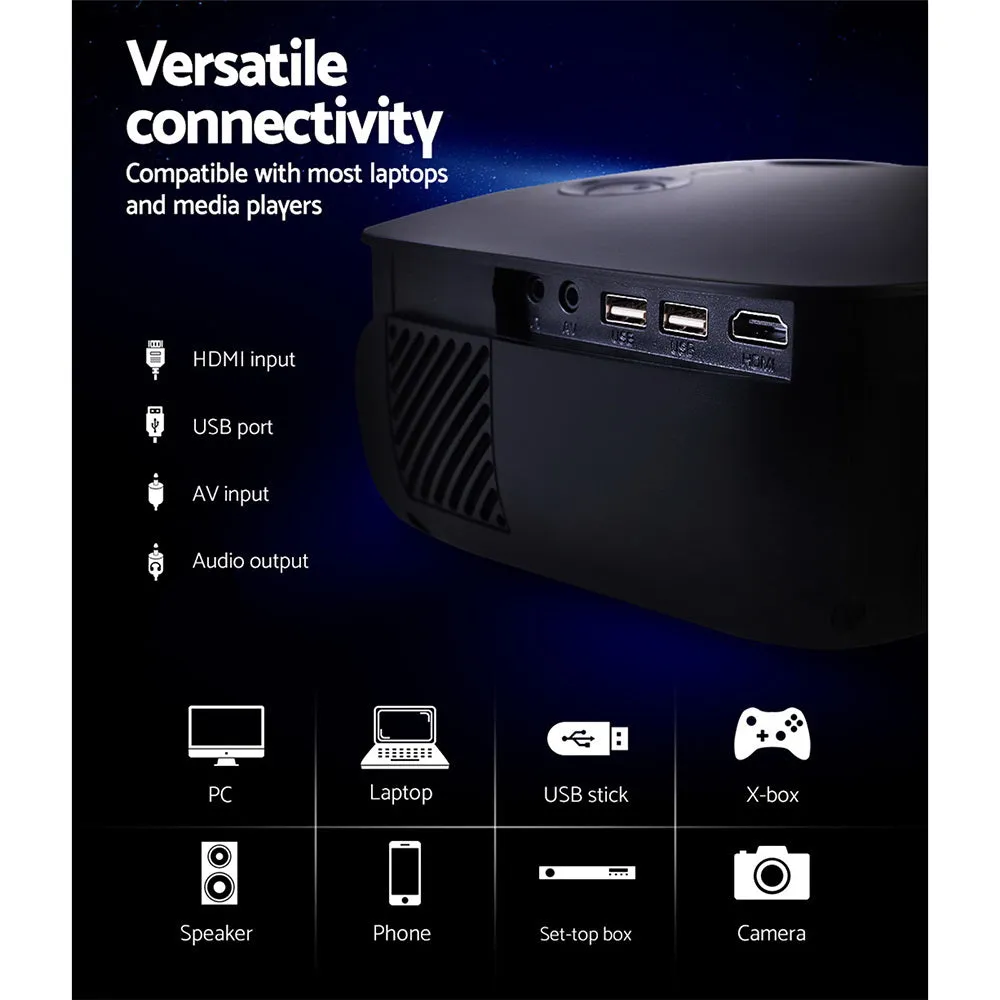 Mini Video Projector Wifi USB HDMI Portable 2000 Lumens HD 1080P Home in Black