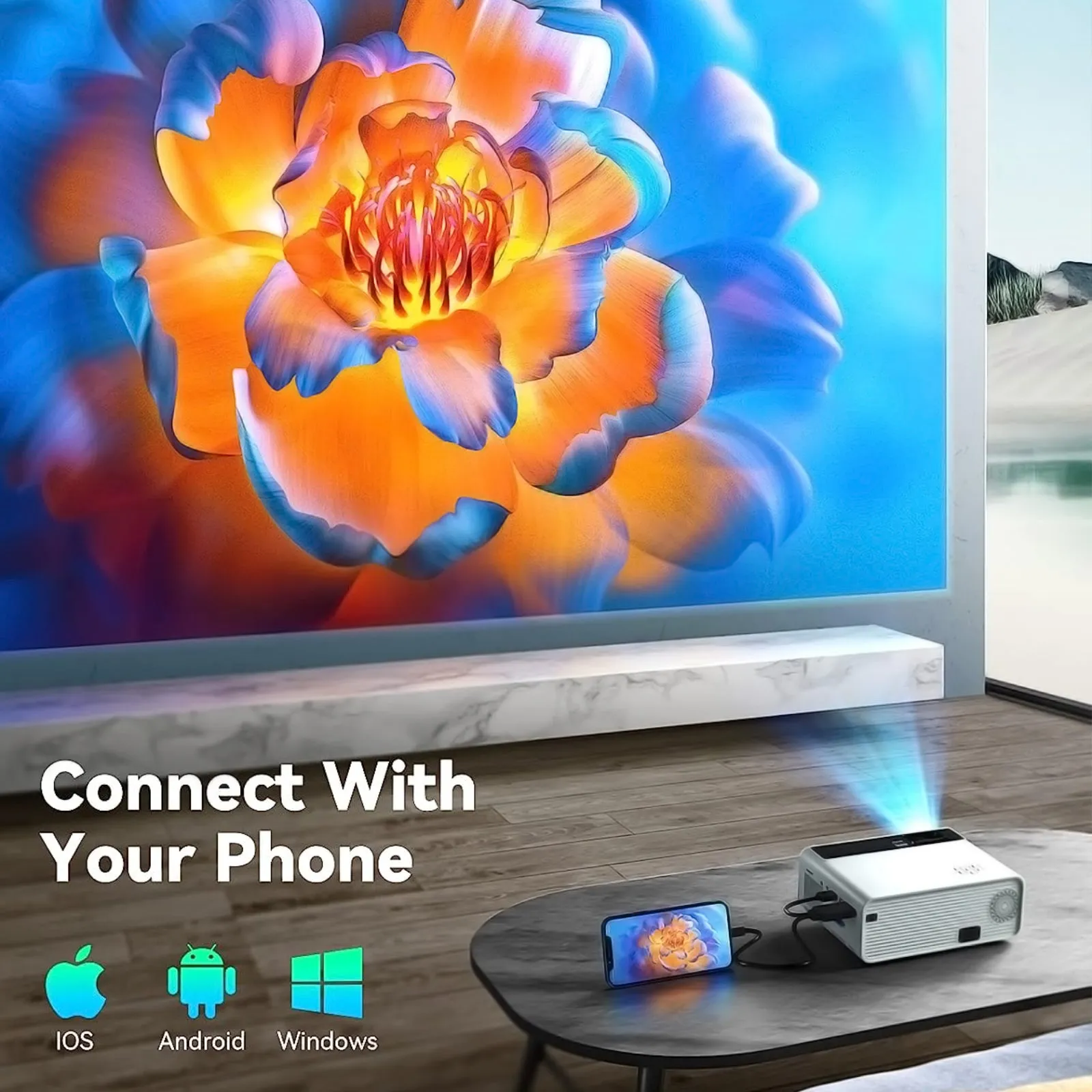 Mini Wifi Projector |150 ANSI/Screen Size upto 120inch| Native Res 800x480P| Wireless Screen Mirroring|Included 100inch Projector Screen