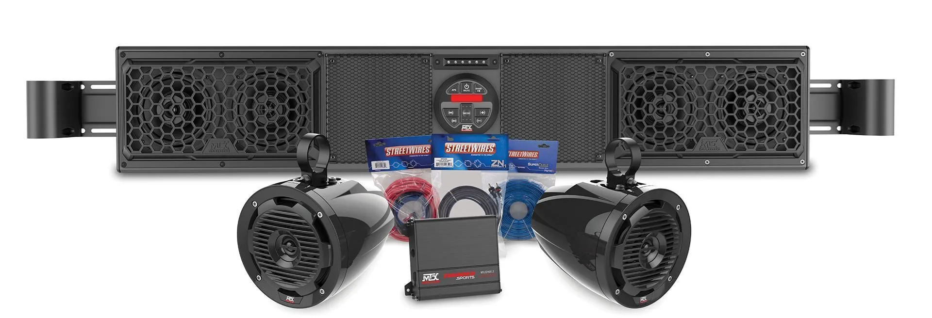 MTX Audio Kawasaki Teryx and Mule Bluetooth Overhead Audio Soundbar With 2 Channel Amplifier And 2 Roll Rage Cage Speaker System (KAWASAKIBOAKIT)