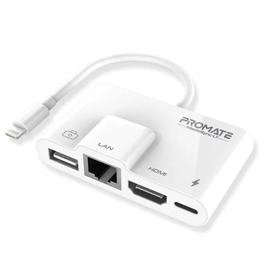 Promate 4-In-1 Multimedia Hub with Lightning Connector. Includes 1x RJ45 Ethernet Port, 1x HDMI Port, 1x USB-A Port, 1x Lightning Charging Bridge. Supports 1080p, Supports 10/100 Mbps.