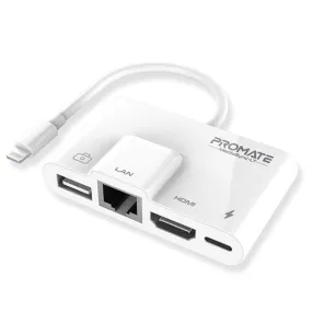 Promate 4-In-1 Multimedia Hub with Lightning Connector. Includes 1x RJ45 Ethernet Port, 1x HDMI Port, 1x USB-A Port, 1x Lightning Charging Bridge. Supports 1080p, Supports 10/100 Mbps.