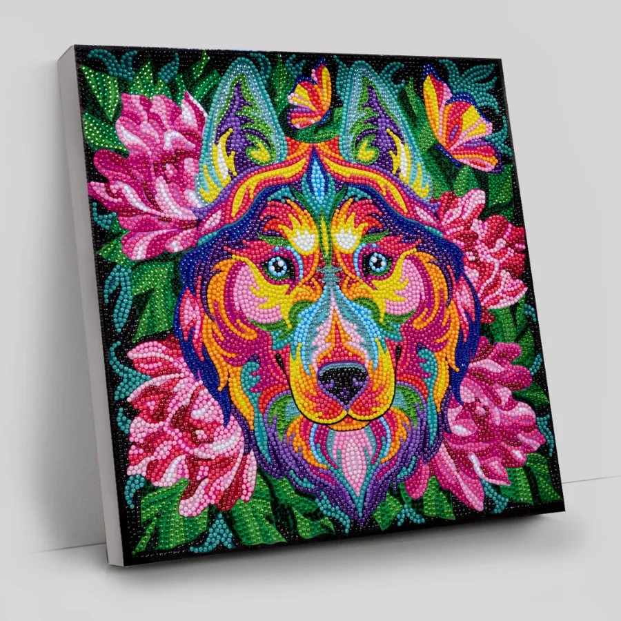 "Rainbow Husky" Crystal Art Canvas 30x30cm