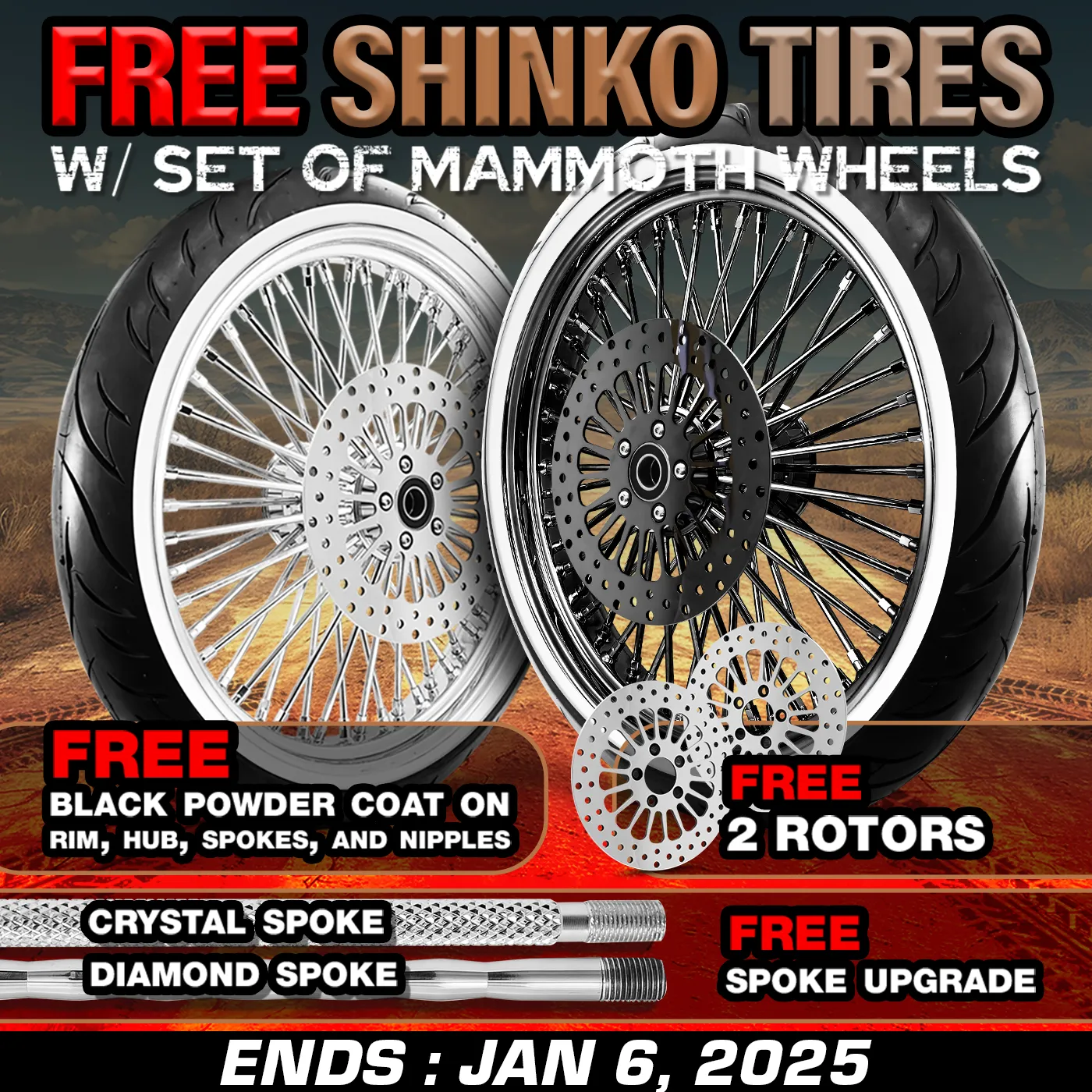[SALE-DEC] FAT 52 SPOKE WHEELS 2 ROTORS BLACK POWDER COAT UPGRADE SPOKE FREE SHINKO TIRES