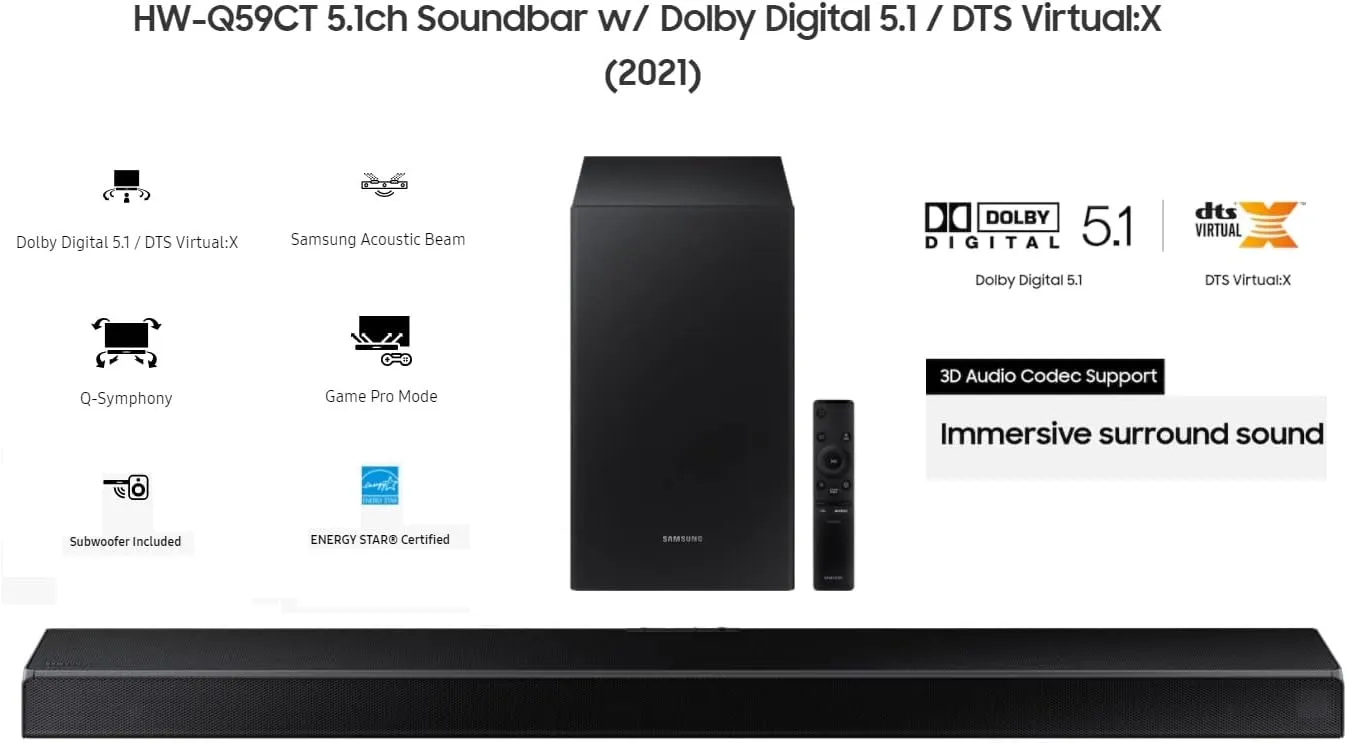 Samsung HW-Q59CT 5.1-Ch Dolby Digital 5.1 / DTS Virtual:X Soundbar with Acoustic Beam