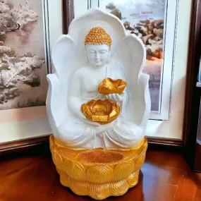 SEPBORN White and Gold Buddha Water Fountain, Seated Figurine, for Indoor Outdoor Decoration with LED Lights Water Pump