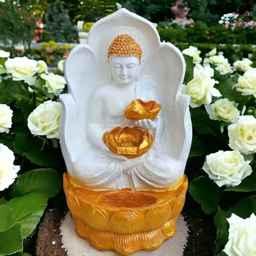 SEPBORN White and Gold Buddha Water Fountain, Seated Figurine, for Indoor Outdoor Decoration with LED Lights Water Pump