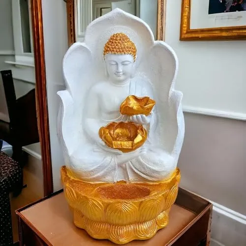 SEPBORN White and Gold Buddha Water Fountain, Seated Figurine, for Indoor Outdoor Decoration with LED Lights Water Pump